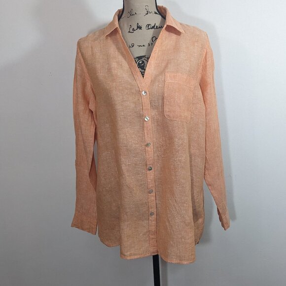 Sigrid Olsen Top M Orange Linen Roll Tab Tunic Beach Coastal Grandmother Shirt - Picture 1 of 9
